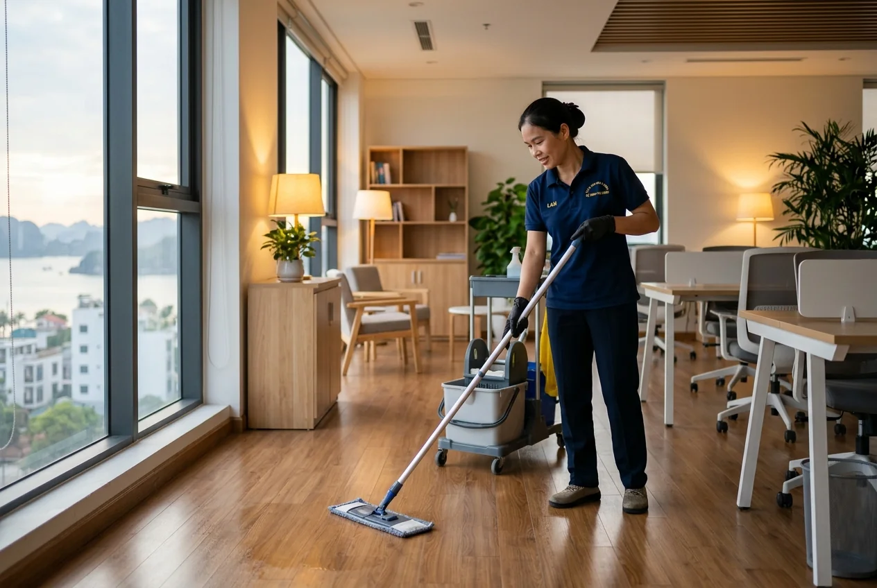 Lịch vệ sinh văn phòng sáng sớm trước giờ làm việc tại Hạ Long