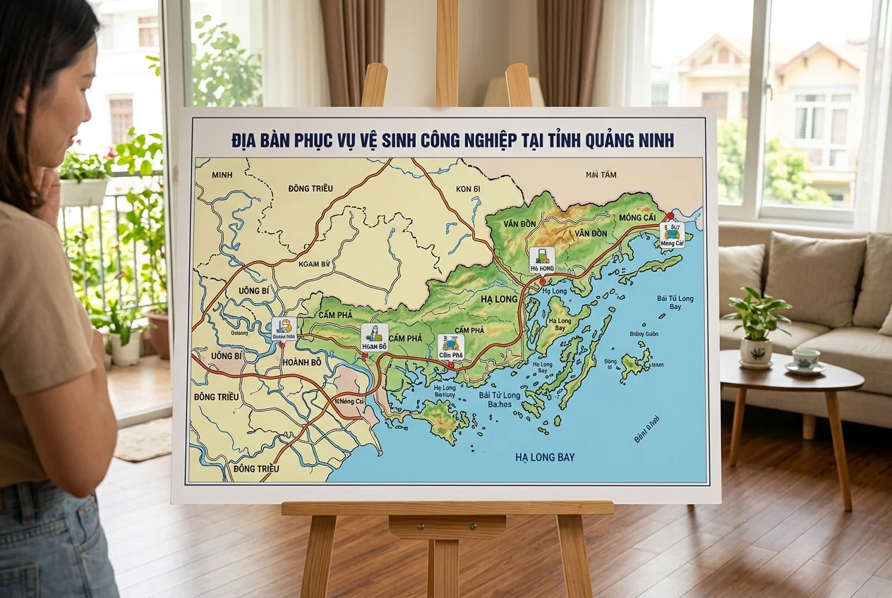 Địa bàn phục vụ vệ sinh công nghiệp Quảng Ninh Bản đồ địa bàn phục vụ vệ sinh công nghiệp tại tỉnh Quảng Ninh - Hạ Long, Cẩm Phả, Uông Bí