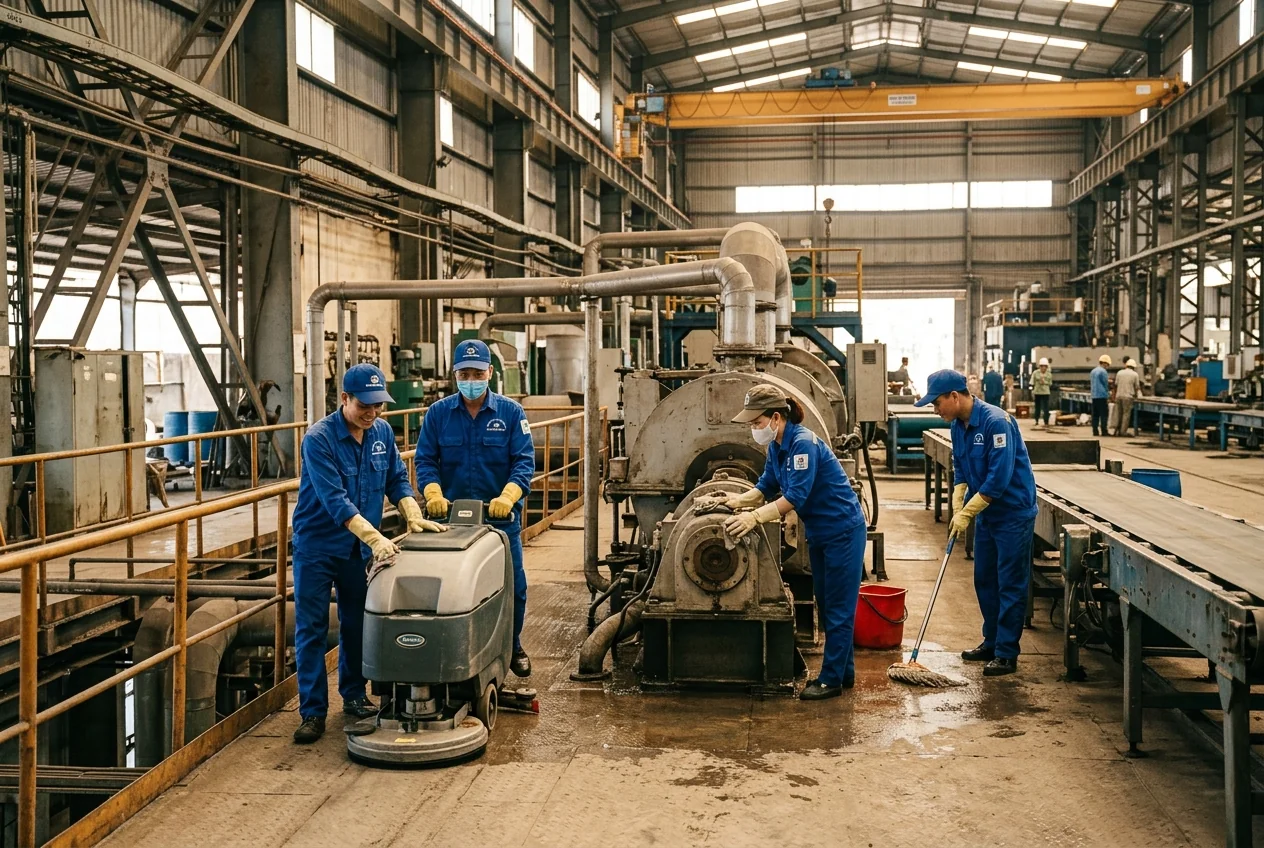 Vệ sinh nhà máy công nghiệp tại Quảng Ninh Đội ngũ vệ sinh đang làm việc tại nhà máy công nghiệp ở Quảng Ninh