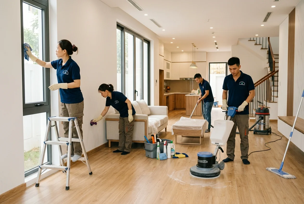 Dịch vụ vệ sinh nhà mới xây chuyên nghiệp tại Hạ Long Đội vệ sinh chuyên nghiệp đang thực hiện vệ sinh nhà mới xây sau thi công