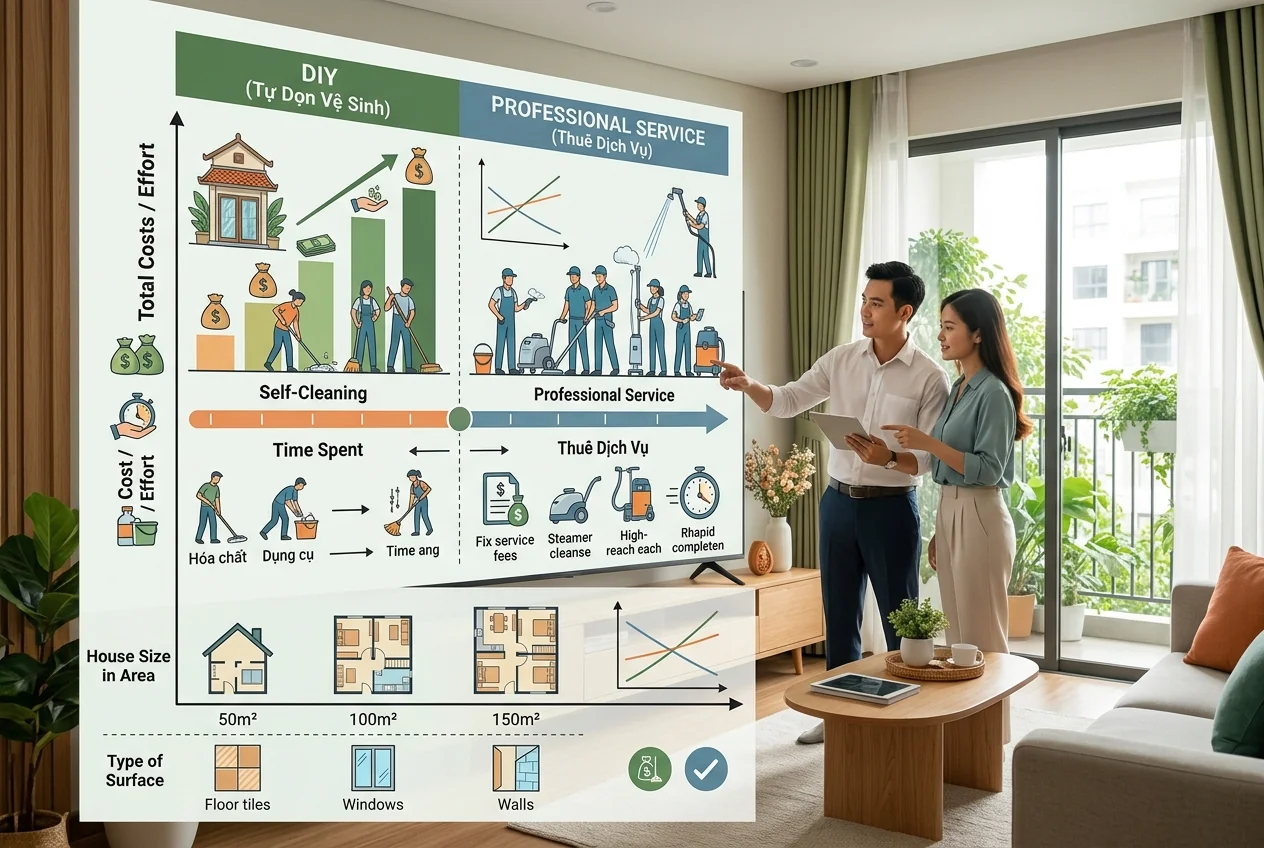 Khi nào tự dọn nhà mới xây thực sự tiết kiệm hơn? Điểm hòa vốn tự dọn hay thuê dịch vụ nhà mới xây - nhà dưới 80m² bề mặt đơn giản tự làm tiết kiệm; trên 100m² hoặc bề mặt đặc biệt nên thuê
