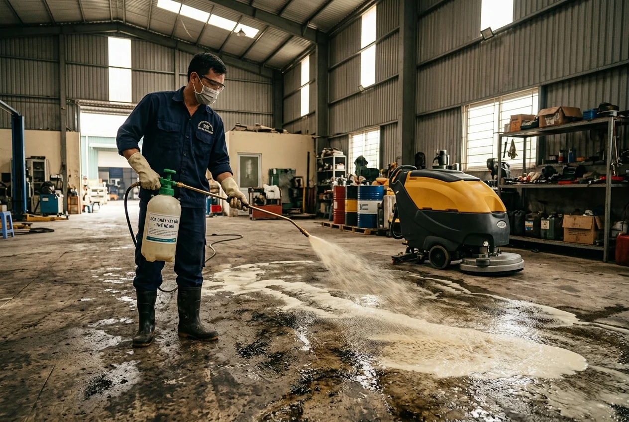 Hóa chất tẩy dầu mỡ nhà xưởng - heavy-duty degreaser Hóa chất tẩy dầu mỡ công nghiệp heavy-duty degreaser cho sàn bê tông nhà xưởng