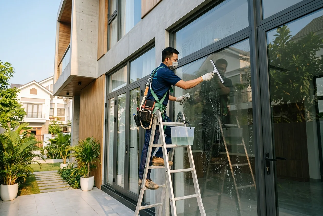 Dịch vụ vệ sinh kính chuyên nghiệp - khi nào cần gọi thay vì tự làm Đội vệ sinh kính chuyên nghiệp xử lý sơn và xi măng trên kính mặt tiền sau xây dựng