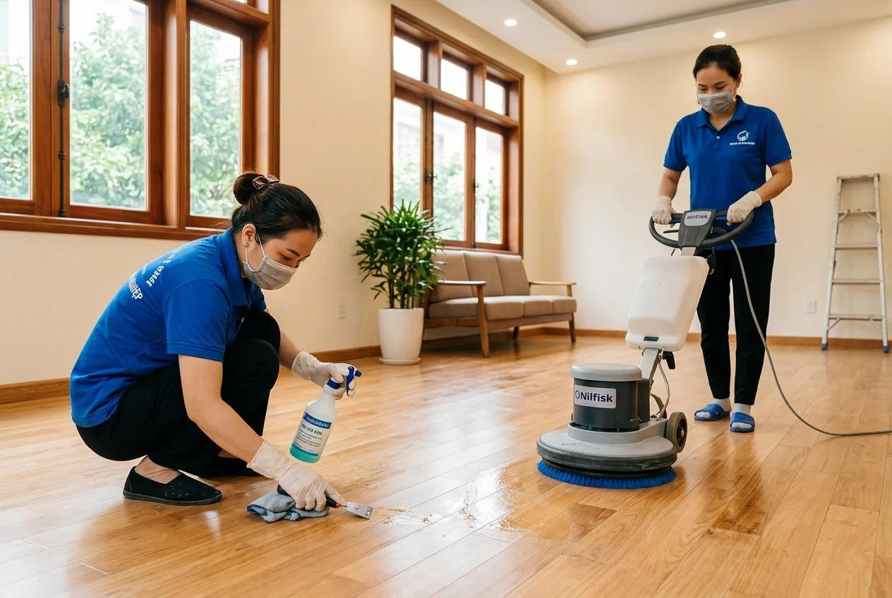Dịch vụ vệ sinh sau xây dựng - xử lý keo và hoàn thiện bề mặt chuyên nghiệp Đội vệ sinh sau xây dựng chuyên nghiệp xử lý keo và vết bẩn thi công tại Hạ Long