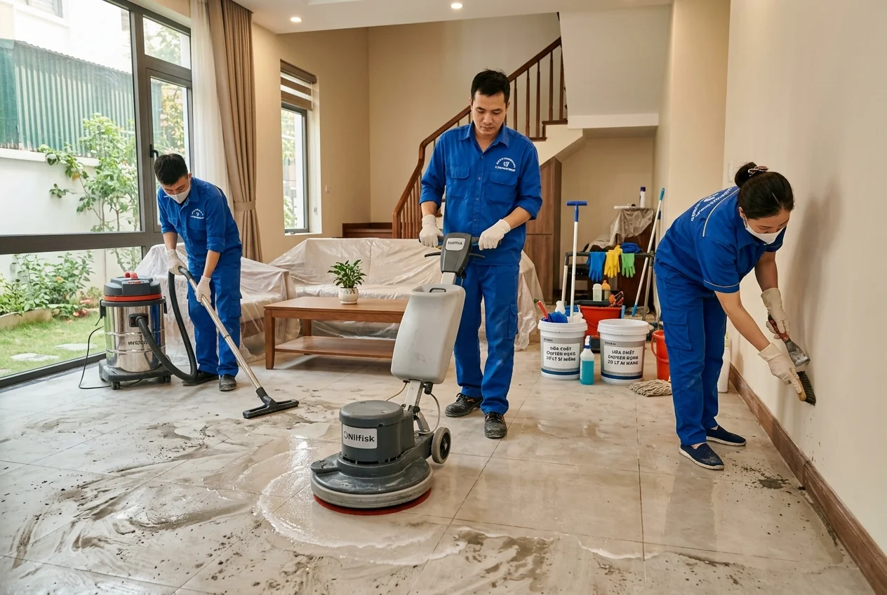 Dịch vụ vệ sinh sau xây dựng - xử lý xi măng và vết bẩn chuyên nghiệp Đội vệ sinh sau xây dựng chuyên nghiệp xử lý xi măng và vết bẩn sau thi công tại Hạ Long