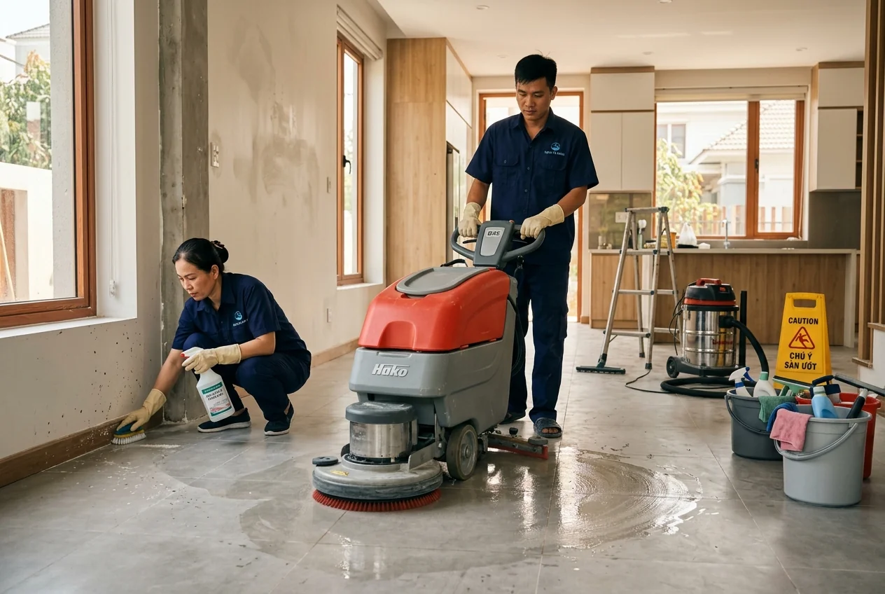 Dịch vụ vệ sinh sau xây dựng - xử lý sơn và vết bẩn sau thi công Đội vệ sinh sau xây dựng chuyên nghiệp xử lý sơn, xi măng và vết bẩn sau thi công