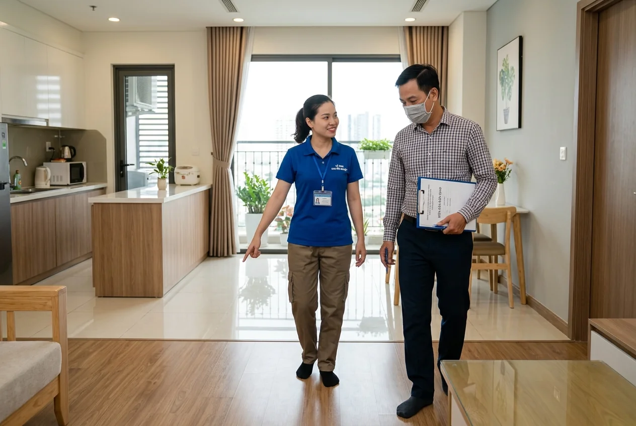 Bước 5 - Kiểm tra và bàn giao sau vệ sinh công nghiệp Kiểm tra và nghiệm thu kết quả vệ sinh công nghiệp trước khi bàn giao