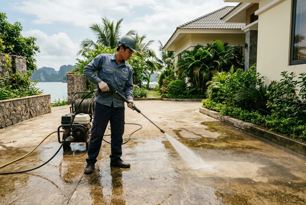 Máy phun áp lực nước công nghiệp Máy phun áp lực nước công nghiệp dùng trong vệ sinh sàn nhà xưởng và mặt ngoài công trình