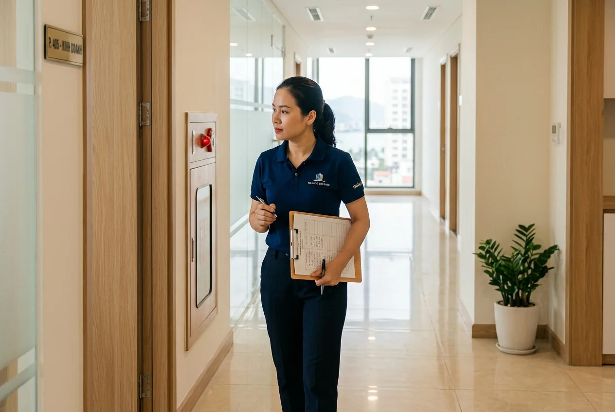 Nghiệm thu vệ sinh văn phòng tòa nhà Hạ Long Nghiệm thu vệ sinh văn phòng và tòa nhà - kiểm tra kính, tay nắm cửa và khu vệ sinh chung