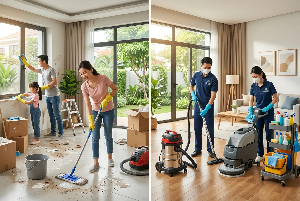 So sánh tự dọn và thuê dịch vụ vệ sinh nhà mới xây Bảng so sánh tự dọn nhà mới xây và thuê dịch vụ vệ sinh về chi phí, thời gian, kết quả