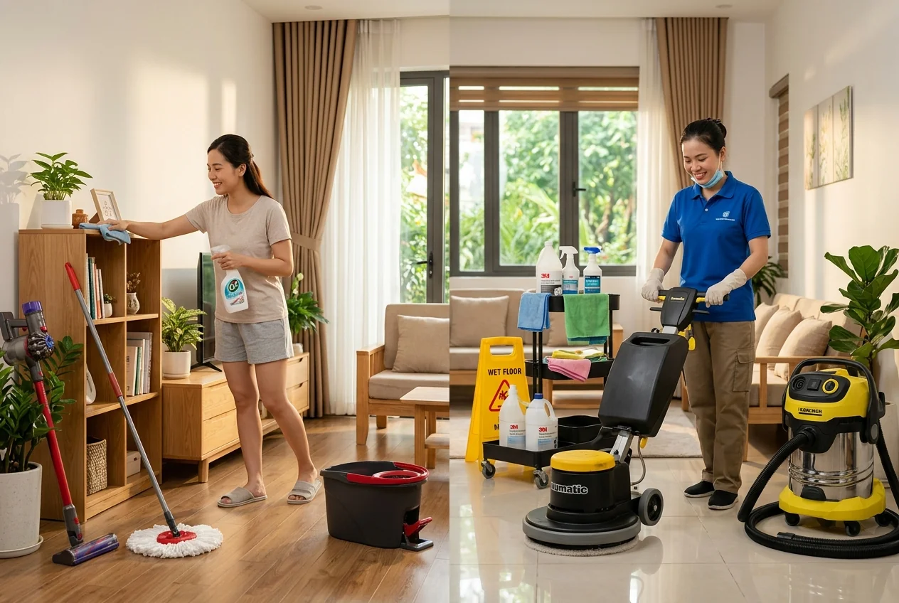 So sánh vệ sinh công nghiệp và vệ sinh thông thường Bảng so sánh vệ sinh công nghiệp và vệ sinh thông thường về thiết bị, hóa chất và loại bẩn