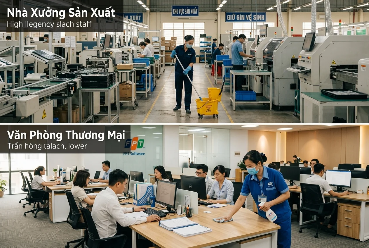 So sánh tần suất vệ sinh nhà xưởng và văn phòng tại Hạ Long