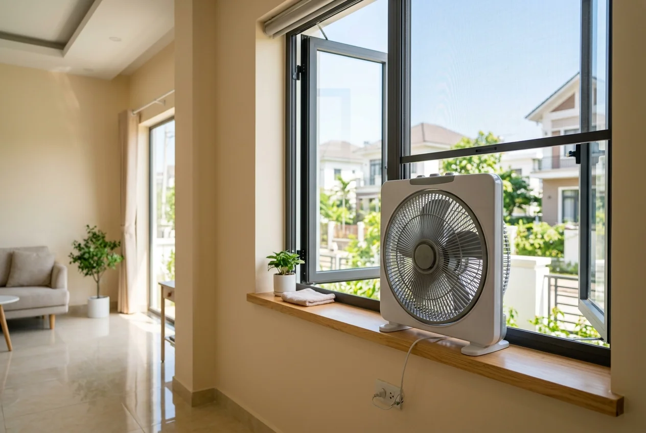 Thông gió đúng chiều - bước đầu tiên không thể bỏ qua khi khử mùi sơn Quạt đặt hướng thổi ra ngoài cửa sổ để đẩy VOC từ sơn nhà mới ra ngoài