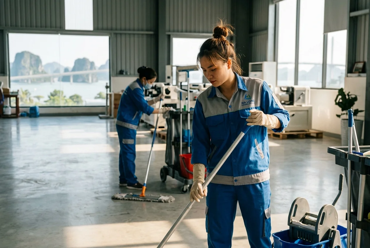 Vệ sinh công nghiệp Hạ Long thực tế Nhân viên vệ sinh công nghiệp đang thực hiện ca vệ sinh tại nhà xưởng Hạ Long với thiết bị chuyên dụng