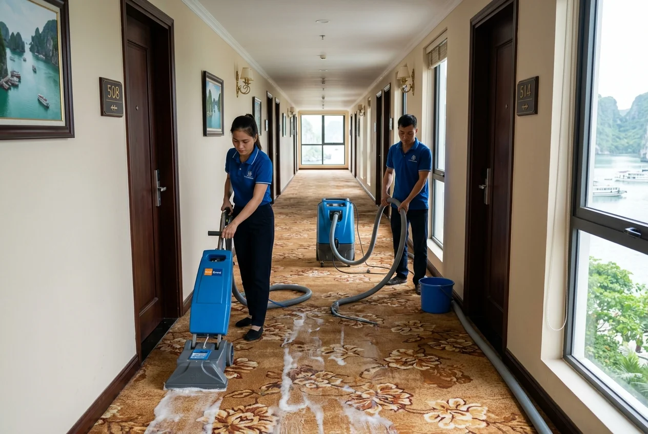 Giặt thảm hành lang khách sạn Hạ Long Giặt thảm hành lang dài của khách sạn tại Hạ Long bằng máy phun-hút