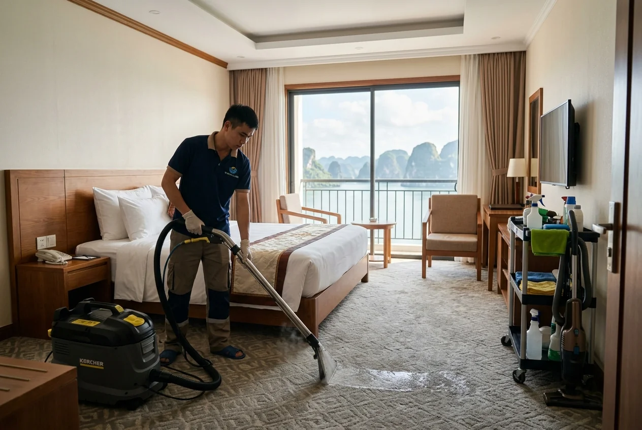 Giặt thảm phòng ngủ khách sạn theo lịch block phòng Giặt thảm phòng ngủ khách sạn theo lịch block phòng trống tại Hạ Long