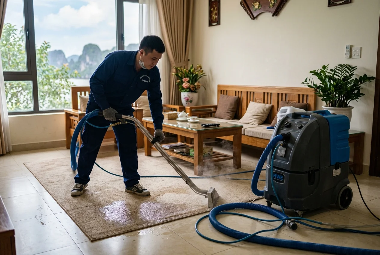 Máy giặt thảm phun-hút (hot water extraction) đang hoạt động tại Hạ Long