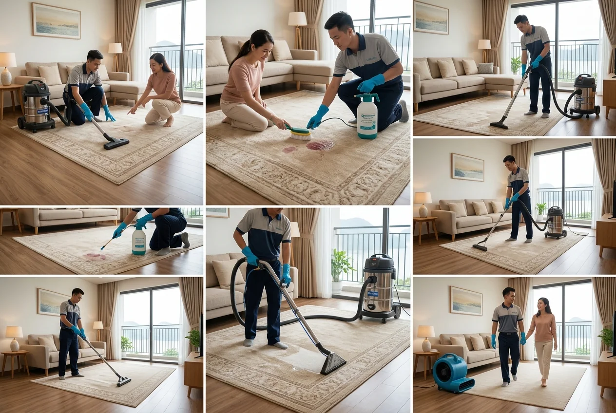 Quy trình 5 bước giặt thảm chuyên nghiệp tại Hạ Long