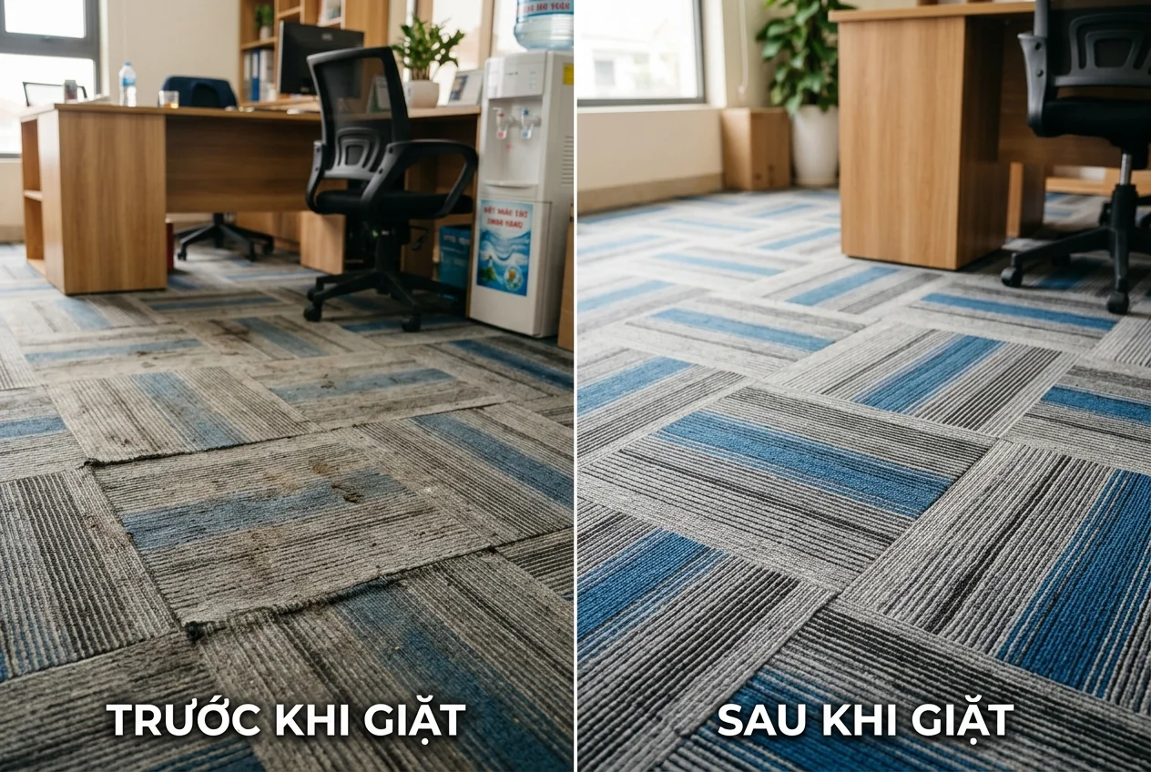 Thảm tấm văn phòng sau khi giặt tại Hạ Long Thảm tấm modular văn phòng sạch bóng sau khi giặt chuyên nghiệp tại Hạ Long