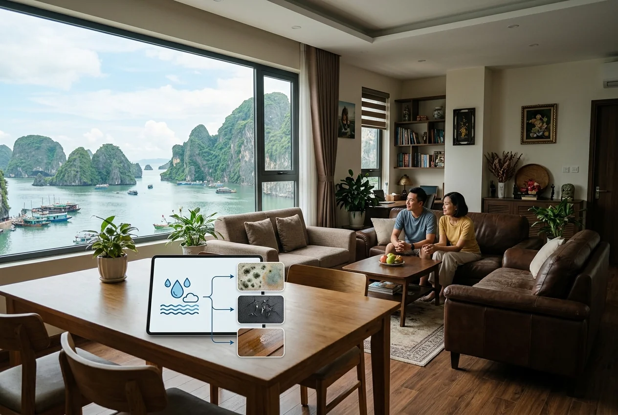Tại sao sofa tại Hạ Long cần giặt thường xuyên hơn Độ ẩm biển Hạ Long ảnh hưởng đến sofa - mốc da, ẩm vải, mùi hôi