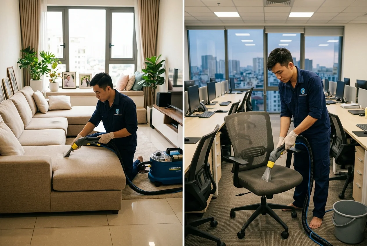Giặt sofa tại nhà và văn phòng Hạ Long So sánh dịch vụ giặt sofa tại nhà và giặt ghế sofa văn phòng tại Hạ Long