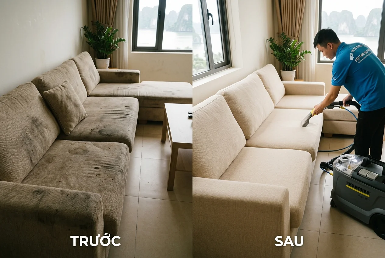 Kết quả giặt ghế sofa tại Hạ Long So sánh ghế sofa trước và sau khi giặt chuyên nghiệp tại Hạ Long