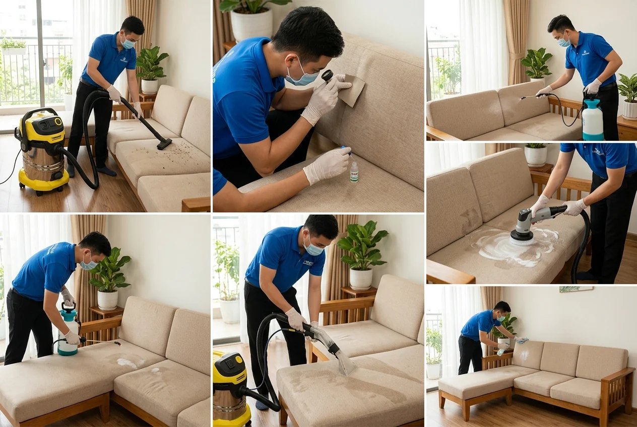 Quy trình giặt ghế sofa chuyên nghiệp Quy trình giặt ghế sofa 6 bước tại Hạ Long - hút bụi, kiểm tra chất liệu, tiền xử lý, giặt, hút nước, sấy khô