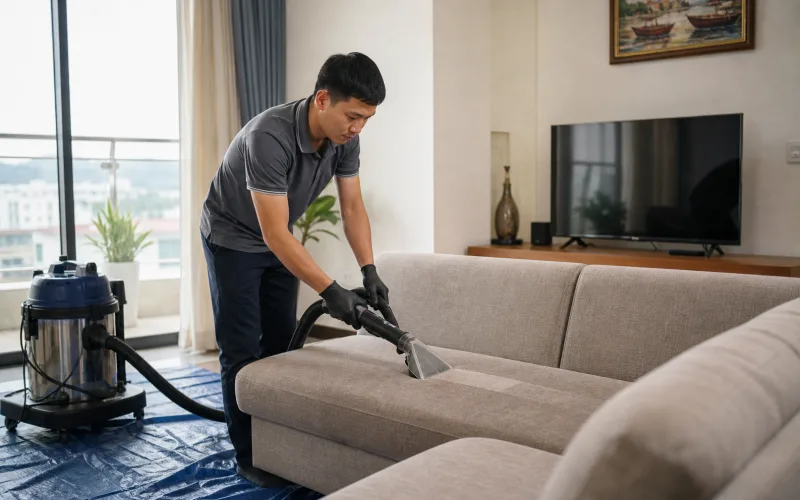 Quy trình giặt sofa tại nhà ở Hạ Long Quy trình giặt sofa tại nhà ở Hạ Long - máy giặt phun hút và hóa chất phù hợp từng chất liệu vải, da