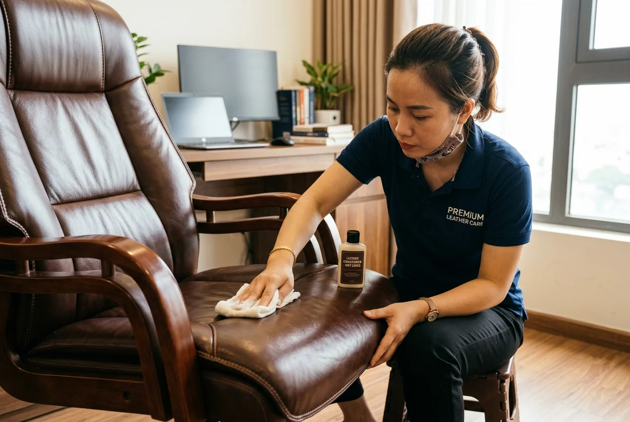 Xử lý ghế da executive văn phòng đúng cách Vệ sinh và bảo dưỡng ghế da executive văn phòng tại Hạ Long bằng leather conditioner
