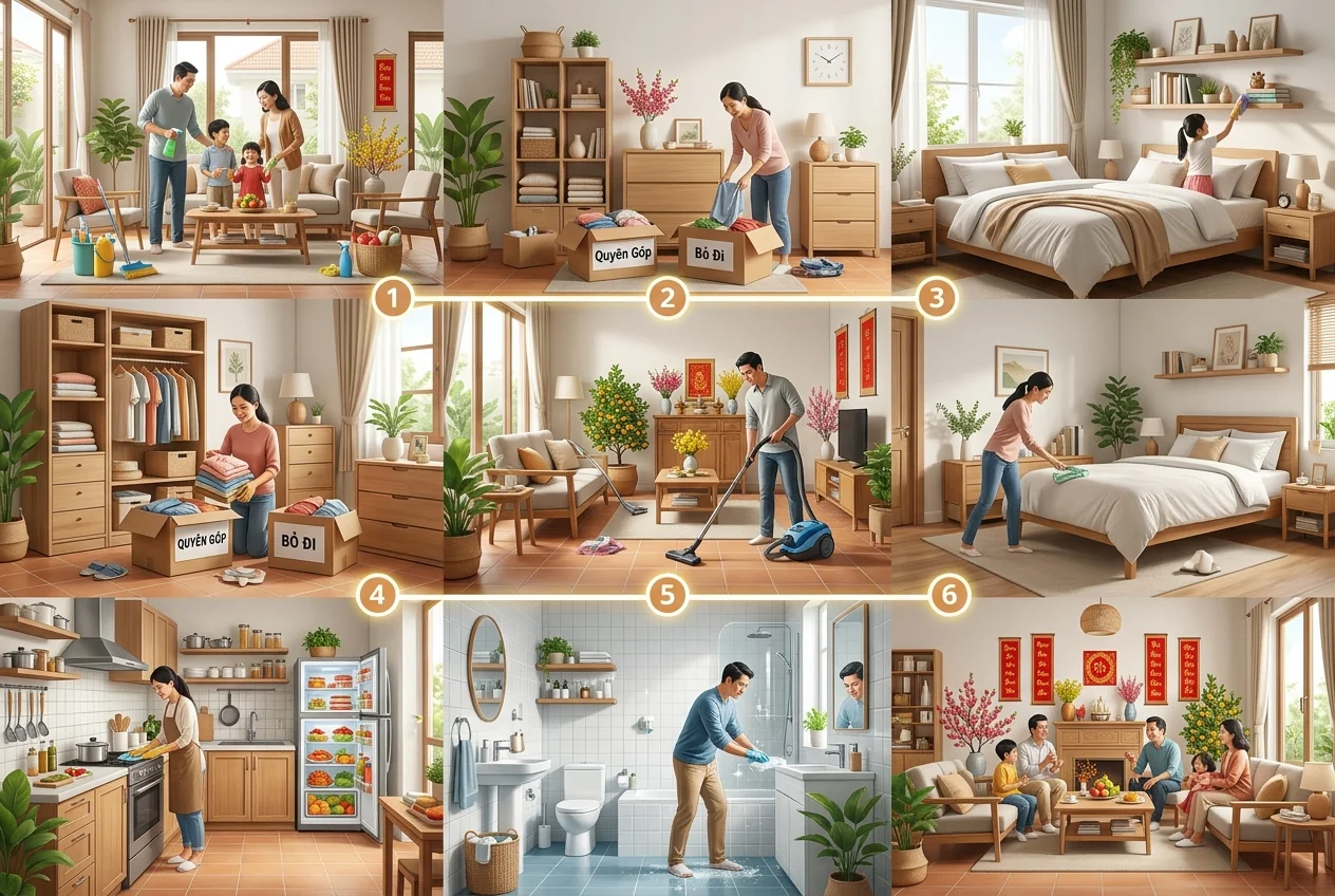 Thứ tự dọn nhà trước Tết hợp lý - từ trần xuống sàn, từ phòng trong ra phòng ngoài