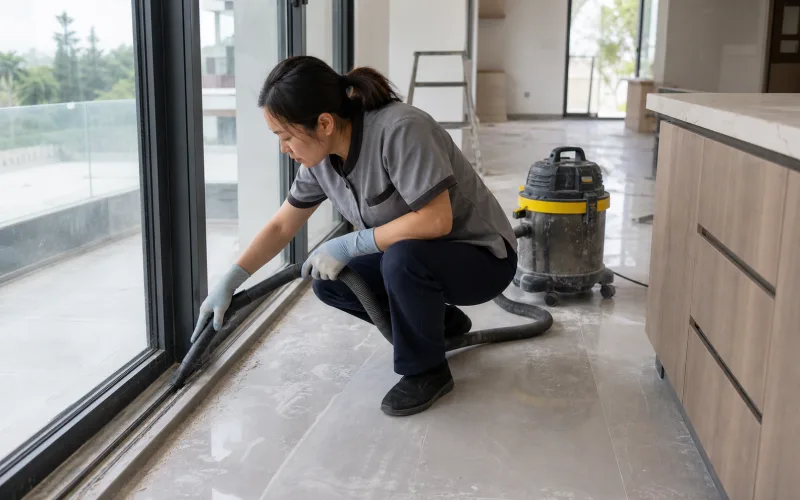 Xử lý bụi mịn nhà mới xây tại Hạ Long Dọn bụi mịn sau xây dựng trong nhà mới xây tại Hạ Long - lau trần, tường, hốc tủ và khe cửa