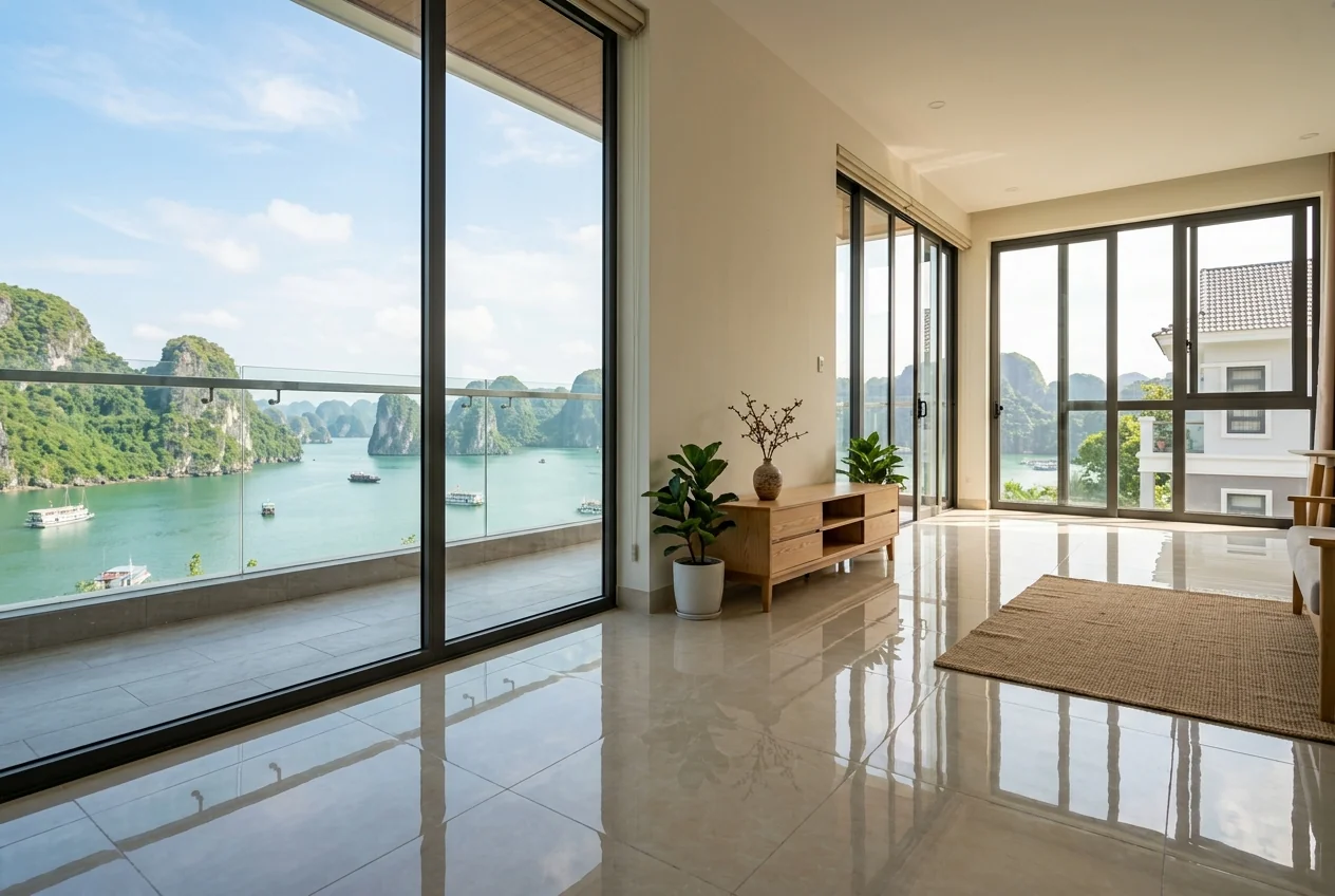 Kết quả dọn nhà mới xây Hạ Long Sàn gạch và kính sạch bóng sau khi dọn nhà mới xây tại Hạ Long